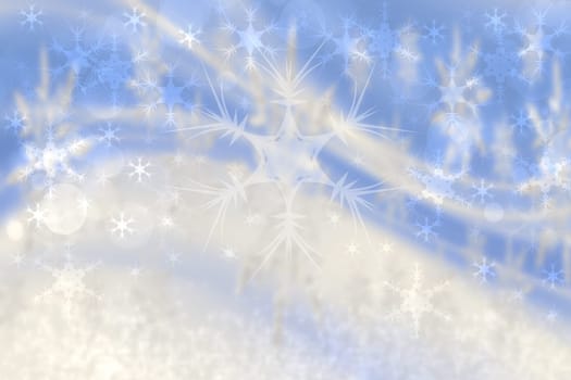 Abstract blurred festive blue background  for winter Christmas with bokeh defocused blue lights and stars.
