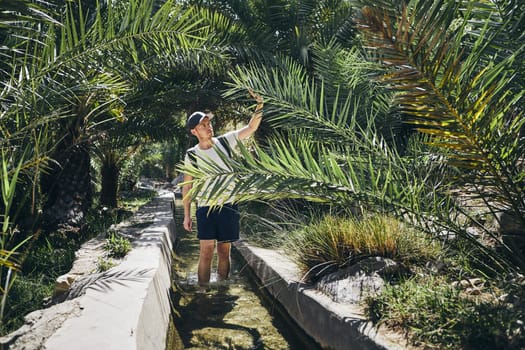 Young tourist is walking through water canal between palm trees. Wadi Bani Khalid, Sultanate of Oman.