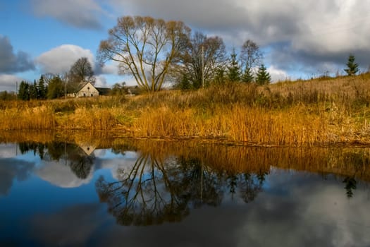 View on autumn landscape of river and trees in sunny day. Grass on river coast in autumn day. Reflection of autumn grass and house in water. Autumn in Latvia. Autumn landscape with colorful trees, yellow grass and river.