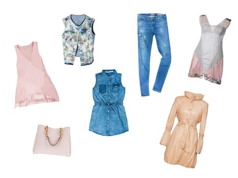 Collage woman clothes. Set of stylish and trendy women clothes and accessories isolated on a white background. Latest fashion trends.