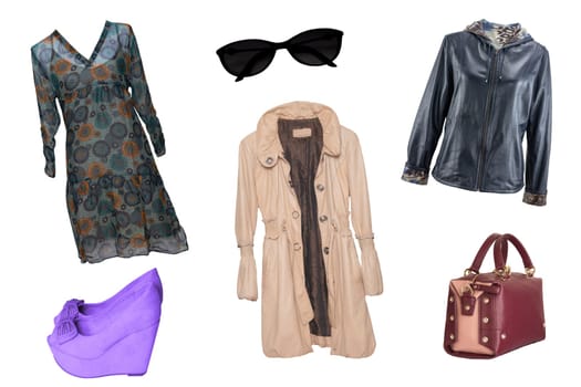 Collage woman clothes. Set of stylish and trendy women clothes and accessories isolated on a white background. Latest fashion trends.