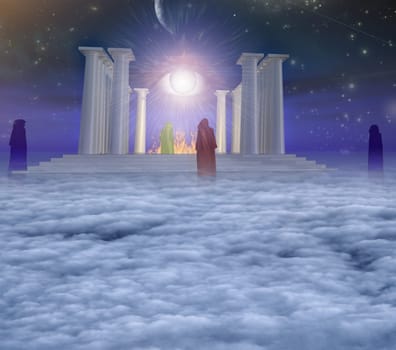 Temple of fire in spiritually based composition. Eye of God. Priests or monks