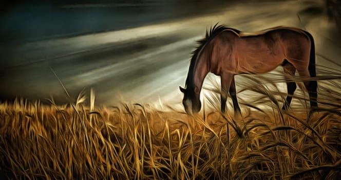 Oil painting. Horse grazes on the field. Sunbeams and dramatic clouds.