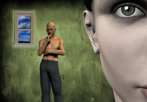 Thinking man and woman face. Empty room with green wall and small window