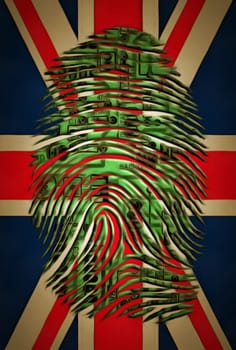 Modern art. Fingerprint with circuit board on the UK flag.