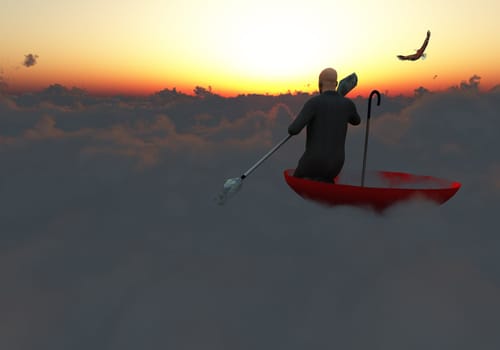 Surrealism. Man in a suit with paddle floats in red umbrella on clouds. Eagle flies in the sky.
