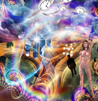 Multiple elements combine in surreal illustration. Eye of God. Winged clocks represents flow of time. Man with ideas