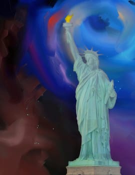 Oil painting. Liberty statue. 3D rendering