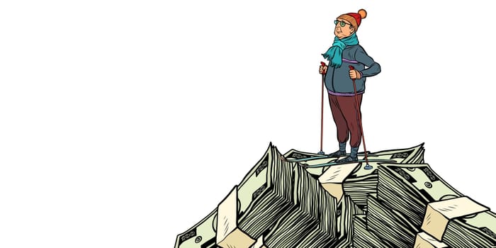skier middle-aged man, Money dollars mountaintop. isolate on white background. Pop art retro vector illustration vintage kitsch