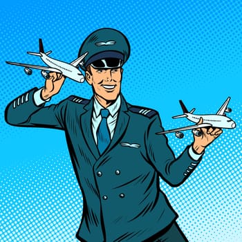 male airplane pilot. Model aircraft in hand. Pop art retro vector illustration kitsch vintage