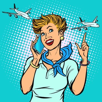 stewardess at the airport talking on the phone. Pop art retro vector illustration kitsch vintage