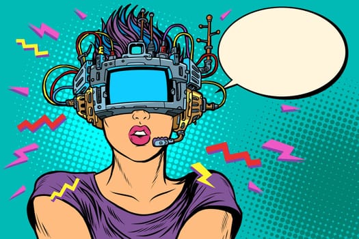 surprised woman in vr glasses. Pop art retro vector illustration vintage kitsch