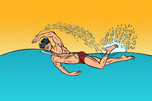 virtual reality glasses man swimmer swims. Pop art retro vector illustration vintage kitsch