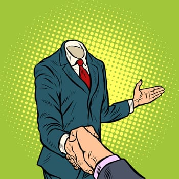 businessman handshake, a template without a head. Pop art retro vector illustration
