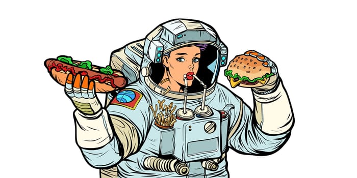 Woman astronaut eats. Cola, hot dog and Burger fast food. Isolate on white background. Pop art retro vector illustration kitsch vintage