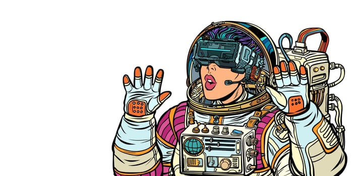 Surprised woman astronaut in virtual reality glasses. Isolate on white background. Pop art retro vector illustration. Girls 80s