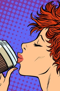 modern woman drinks a paper Cup of coffee. Pop art retro vector illustration. Girls 80s