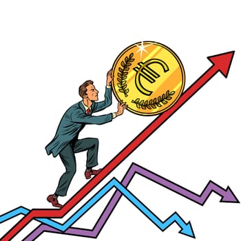 businessman roll a euro coin up. isolate on white background. Pop art retro vector illustration vintage kitsch