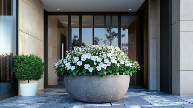 A contemporary entrance features a large round planter filled with vibrant white flowers. The stylish space is characterized by sleek stone flooring and glass doors, creating an inviting atmosphere.