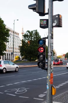 BERLIN, GERMANY - JUNE 26, 2018: Traffic light in Berlin Germany. Walking and bicycle crossing, red sign