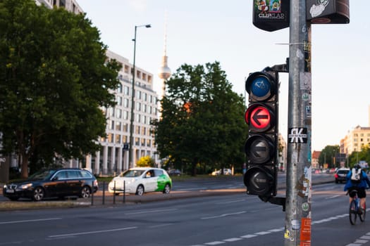 BERLIN, GERMANY - JUNE 26, 2018: Traffic light in Berlin Germany. Walking and bicycle crossing, red sign