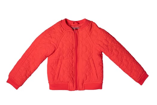 Childrens jacket for spring and autumn. Stylish red warm down jacket isolated on a white background. Child fashion.