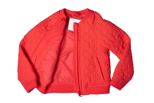Childrens jacket for spring and autumn. Stylish red warm down jacket isolated on a white background. Child fashion.