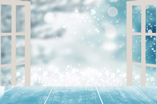 Empty table top winter background. Empty rustic wooden table top or wood floor over abstract light blue winter christmas background. Template for your product display montage. Space.
