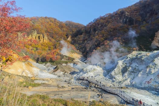 Noboribetsu Onsen is Hokkaido's most famous hot spring resort. A large amount of Noboribetsu's many types of hot spring water surfaces in the spectacular Jigokudani or "Hell Valley"" just above the resort town. Noboribetsu is part of Shikotsu-Toya National Park."