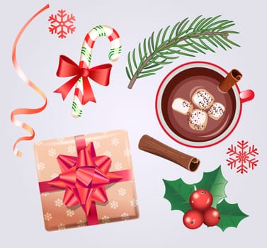 Set for Christmas holidays with traditional decorations-gift box with bow,candy cane,cocoa with marshmallows and cinnamon,spruce branch, ribbon, red mistletoe, snowflake. Vector illustration.