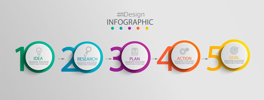 Paper infographic template with 5 circle options for presentation and data visualization. Business process chart.Diagram with Five steps to success.For content,flowchart, workflow.Vector illustration