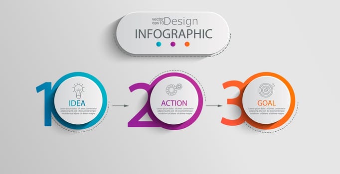 Paper infographic template with 3 circle options for presentation and data visualization. Business process chart.Diagram with three steps to success.For content,flowchart, workflow.Vector illustration