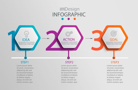 Paper infographic template with 3 hexagon options for presentation and data visualization.Business process chart.Diagram with three steps to success.For content,flowchart,workflow.Vector illustration