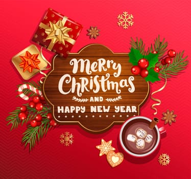 Merry Christmas and New Year wishing card on wood frame,red background with traditional christmas decorations-gift box with gold bow,candy cane,branch,snowflakes,cocoa, marshmallow.Vector illustration