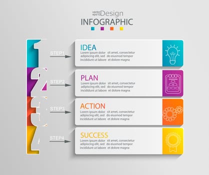 Paper infographic template with 4 options for presentation and data visualization. Business process chart. Diagram with four steps to success. For content, flowchart, workflow. Vector illustration.