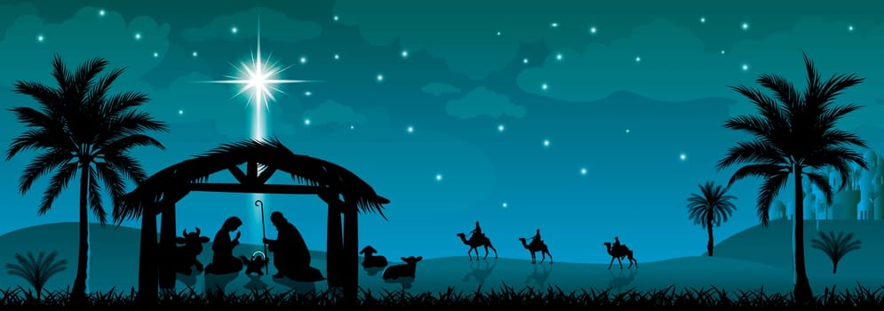 Scene of the Nativity of Jesus Christ. Christmas, the scene of Christmas. Christmas night.