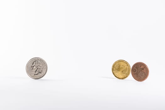American Quarter Change Versuses Exchanged Converted European Euro 25 Cent White Background Isolated