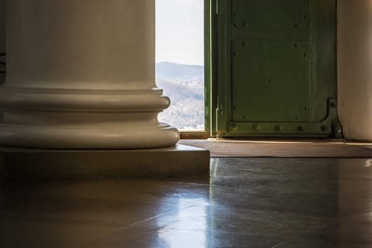 Door Entrance Light Streaming Door Column Old Base European Outside Bright Indoors Looking Out Interior Architecture
