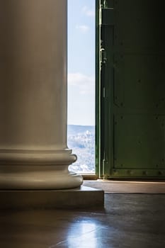 Door Entrance Light Streaming Door Column Old Base European Outside Bright Indoors Looking Out Interior Architecture