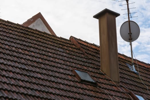 European Orange Roof Tiles Chimney Satellite Dish Residential Rooftop Home Design
