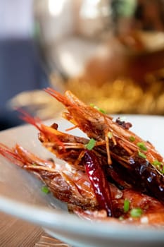 Three Prawns on White Plate Cooked Delicious Closeup Asian Cuisine