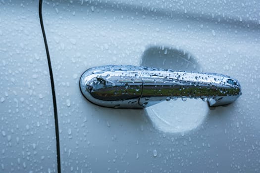 Car Handle Wet Droplets Water Blue Cold Wash Door Closed Knob Lever Chrome White Exterior