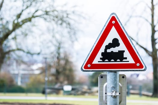 Train Sign Warning Red Caution Traffic Law Rules Triangle Metal Bright Outdoors Crossing