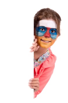 Girl with animal face-paint over a white board, isolated in white