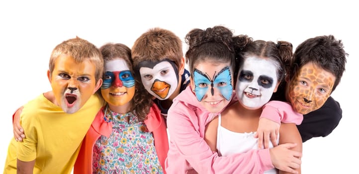 Children's group with animal face-paint isolated in white