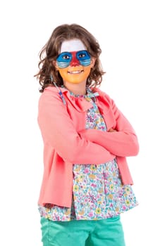 Girl with animal face-paint isolated in white