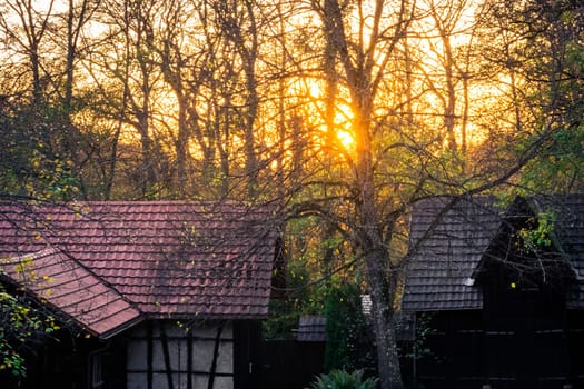Afternoon Sunset over German Village Cottages Landscape Forest Traditional Medieval Architecture