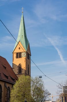 Typical European Church Steeple Stuttgart Religious Clouds Blue Skies Architecture Landmark Protestant
