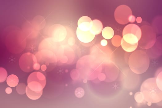 Purple bright abstract bokeh. Gold and purple gradient pink glowing background with bright blurred circles and glittering stars. Beautiful texture.