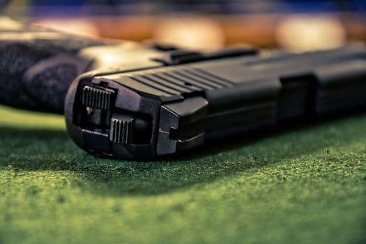 Black Combat Pistol Gun Shop Store Dealing Countertop Weapons Dangerous Sales Felt Surface Display